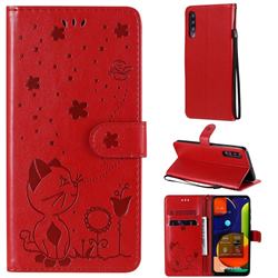Embossing Bee and Cat Leather Wallet Case for Samsung Galaxy A30s - Red