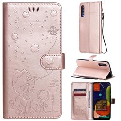Embossing Bee and Cat Leather Wallet Case for Samsung Galaxy A30s - Rose Gold
