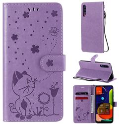 Embossing Bee and Cat Leather Wallet Case for Samsung Galaxy A30s - Purple