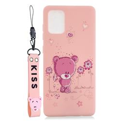 Pink Flower Bear Soft Kiss Candy Hand Strap Silicone Case for Samsung Galaxy A31