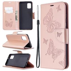 Embossing Double Butterfly Leather Wallet Case for Samsung Galaxy A31 - Rose Gold