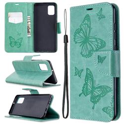 Embossing Double Butterfly Leather Wallet Case for Samsung Galaxy A31 - Green