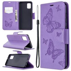 Embossing Double Butterfly Leather Wallet Case for Samsung Galaxy A31 - Purple