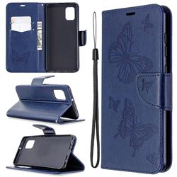 Embossing Double Butterfly Leather Wallet Case for Samsung Galaxy A31 - Dark Blue