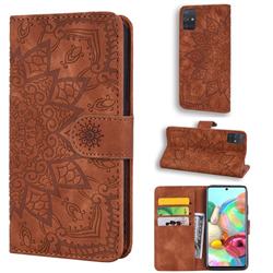 Retro Embossing Mandala Flower Leather Wallet Case for Samsung Galaxy A31 - Brown