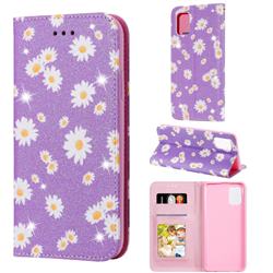 Ultra Slim Daisy Sparkle Glitter Powder Magnetic Leather Wallet Case for Samsung Galaxy A31 - Purple