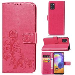 Embossing Imprint Four-Leaf Clover Leather Wallet Case for Samsung Galaxy A31 - Rose Red