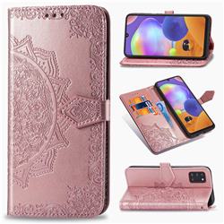 Embossing Imprint Mandala Flower Leather Wallet Case for Samsung Galaxy A31 - Rose Gold