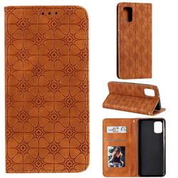 Intricate Embossing Four Leaf Clover Leather Wallet Case for Samsung Galaxy A31 - Yellowish Brown