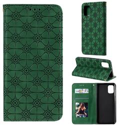 Intricate Embossing Four Leaf Clover Leather Wallet Case for Samsung Galaxy A31 - Blackish Green
