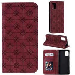 Intricate Embossing Four Leaf Clover Leather Wallet Case for Samsung Galaxy A31 - Claret
