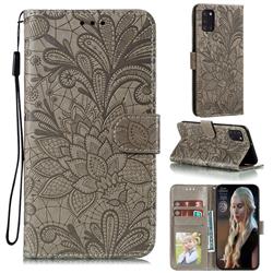 Intricate Embossing Lace Jasmine Flower Leather Wallet Case for Samsung Galaxy A31 - Gray