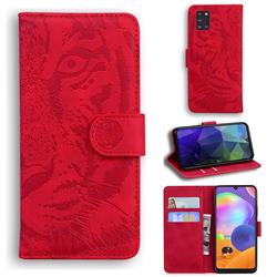 Intricate Embossing Tiger Face Leather Wallet Case for Samsung Galaxy A31 - Red