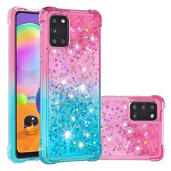 Rainbow Gradient Liquid Glitter Quicksand Sequins Phone Case for Samsung Galaxy A31 - Pink Blue