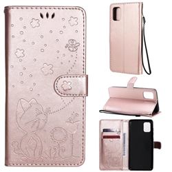 Embossing Bee and Cat Leather Wallet Case for Samsung Galaxy A31 - Rose Gold
