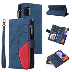 Luxury Two-color Stitching Multi-function Zipper Leather Wallet Case Cover for Samsung Galaxy A31 - Blue