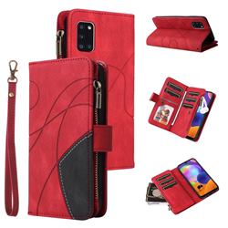 Luxury Two-color Stitching Multi-function Zipper Leather Wallet Case Cover for Samsung Galaxy A31 - Red