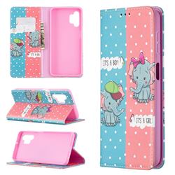 Elephant Boy and Girl Slim Magnetic Attraction Wallet Flip Cover for Samsung Galaxy A32 5G