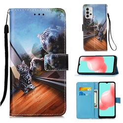 Mirror Cat Matte Leather Wallet Phone Case for Samsung Galaxy A32 5G