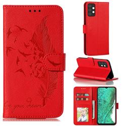 Intricate Embossing Lychee Feather Bird Leather Wallet Case for Samsung Galaxy A32 5G - Red