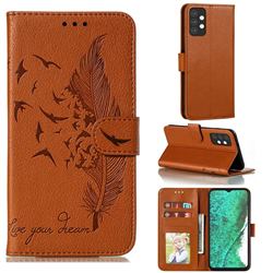 Intricate Embossing Lychee Feather Bird Leather Wallet Case for Samsung Galaxy A32 5G - Brown