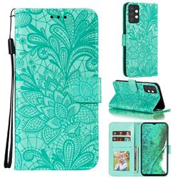 Intricate Embossing Lace Jasmine Flower Leather Wallet Case for Samsung Galaxy A32 5G - Green