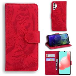 Intricate Embossing Tiger Face Leather Wallet Case for Samsung Galaxy A32 5G - Red