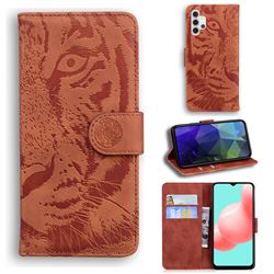 Intricate Embossing Tiger Face Leather Wallet Case for Samsung Galaxy A32 5G - Brown