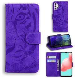 Intricate Embossing Tiger Face Leather Wallet Case for Samsung Galaxy A32 5G - Purple