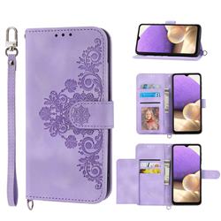 Skin Feel Embossed Lace Flower Multiple Card Slots Leather Wallet Phone Case for Samsung Galaxy A32 5G - Purple