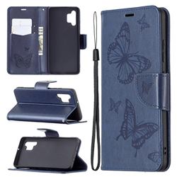 Embossing Double Butterfly Leather Wallet Case for Samsung Galaxy A32 4G - Dark Blue