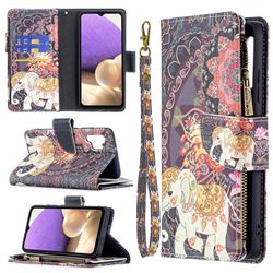 Totem Flower Elephant Binfen Color BF03 Retro Zipper Leather Wallet Phone Case for Samsung Galaxy A32 4G