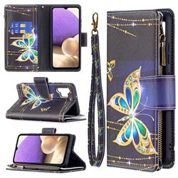 Golden Shining Butterfly Binfen Color BF03 Retro Zipper Leather Wallet Phone Case for Samsung Galaxy A32 4G
