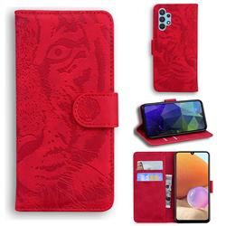 Intricate Embossing Tiger Face Leather Wallet Case for Samsung Galaxy A32 4G - Red