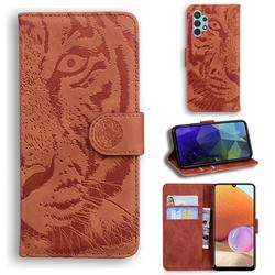 Intricate Embossing Tiger Face Leather Wallet Case for Samsung Galaxy A32 4G - Brown