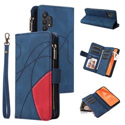Luxury Two-color Stitching Multi-function Zipper Leather Wallet Case Cover for Samsung Galaxy A32 4G - Blue