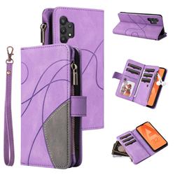 Luxury Two-color Stitching Multi-function Zipper Leather Wallet Case Cover for Samsung Galaxy A32 4G - Purple