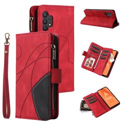 Luxury Two-color Stitching Multi-function Zipper Leather Wallet Case Cover for Samsung Galaxy A32 4G - Red