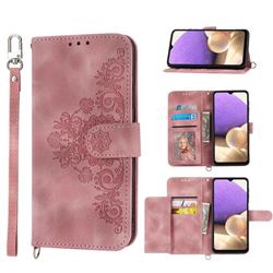 Skin Feel Embossed Lace Flower Multiple Card Slots Leather Wallet Phone Case for Samsung Galaxy A32 4G - Pink