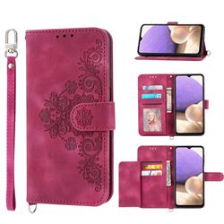 Skin Feel Embossed Lace Flower Multiple Card Slots Leather Wallet Phone Case for Samsung Galaxy A32 4G - Claret Red