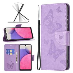 Embossing Double Butterfly Leather Wallet Case for Samsung Galaxy A33 5G - Purple
