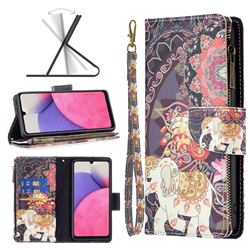 Totem Flower Elephant Binfen Color BF03 Retro Zipper Leather Wallet Phone Case for Samsung Galaxy A33 5G