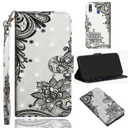 Black Lace Flower 3D Painted Leather Wallet Case for Samsung Galaxy A40