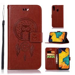 Intricate Embossing Owl Campanula Leather Wallet Case for Samsung Galaxy A40 - Brown