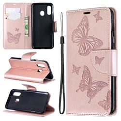 Embossing Double Butterfly Leather Wallet Case for Samsung Galaxy A40 - Rose Gold