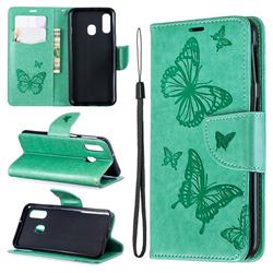 Embossing Double Butterfly Leather Wallet Case for Samsung Galaxy A40 - Green