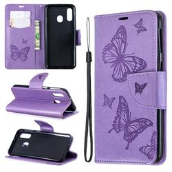Embossing Double Butterfly Leather Wallet Case for Samsung Galaxy A40 - Purple