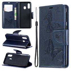 Embossing Double Butterfly Leather Wallet Case for Samsung Galaxy A40 - Dark Blue