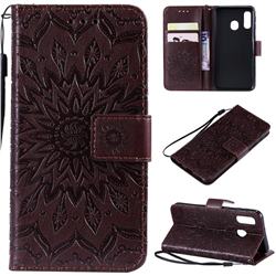 Embossing Sunflower Leather Wallet Case for Samsung Galaxy A40 - Brown