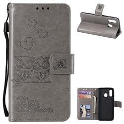 Embossing Owl Couple Flower Leather Wallet Case for Samsung Galaxy A40 - Gray
